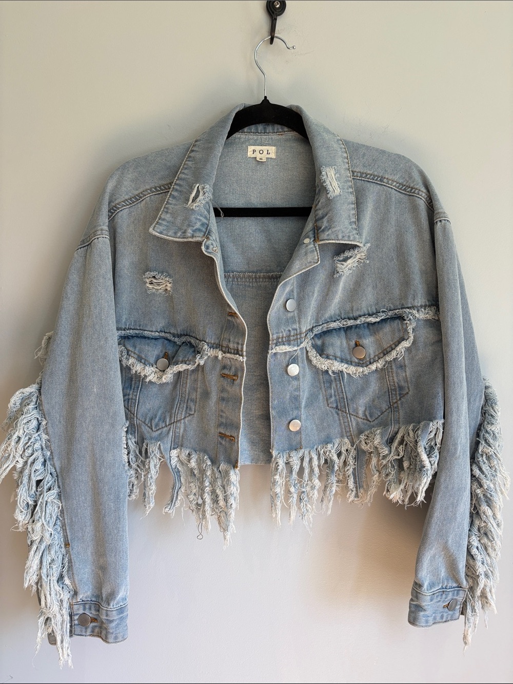 POL Light Wash Distressed Cropped Denim Jacket with Fringe